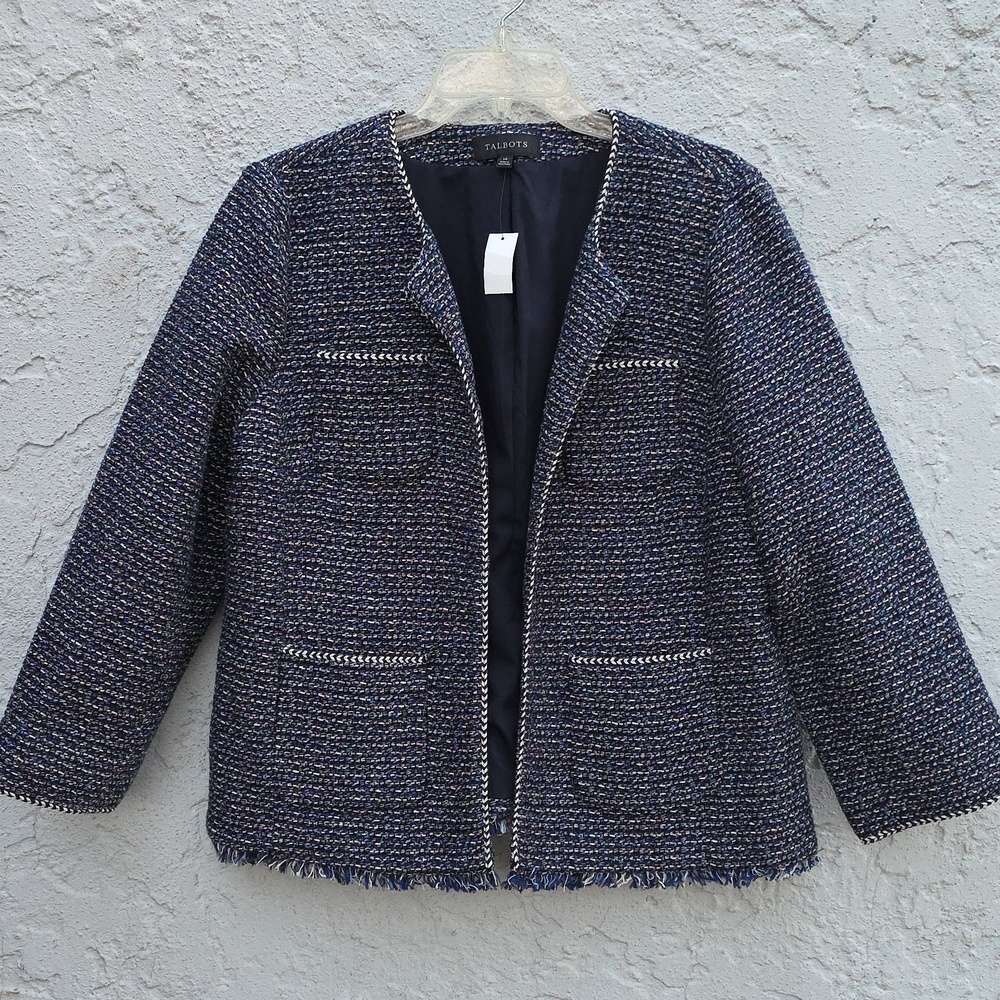 NWT Talbots Jacket Blue Tweed Rope Trim Open Blazer Frayed Fringe Size 14